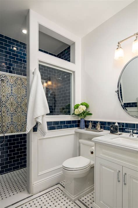 Traditional White And Blue Bathroom With Walk In Shower Very Small