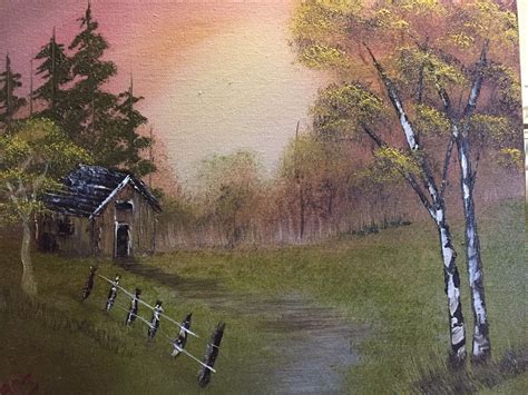 Enjoy the peacefulness of the calm evening as you take a walk with bob ross through the enchanted timber lands just before nightfall. Oil Painting on Canvas (Small Cabin in the Woods) 11" x 14 ...
