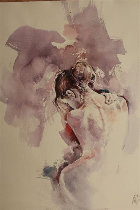 A Watercolor Painting Of Two People Hugging Each Other In Front Of A