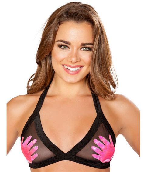 Women S Sheer Bikini Top With Cute Hot Neon Pink Hands On Front Funny