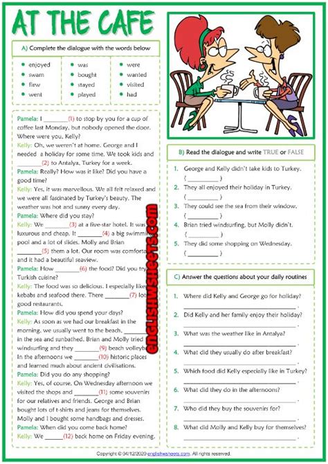 The Worksheet For Reading At The Cafe Is Shown In Red And Green Colors
