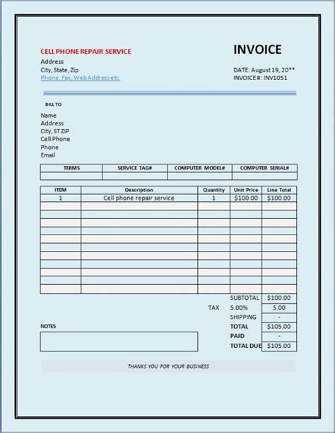 Cellphone Repair And Service Invoices Invoice Template Cell Phone