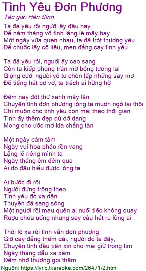 Loi Bai Hat Tinh Yeu Don Phuong Han Sinh Co Nhac Nghe