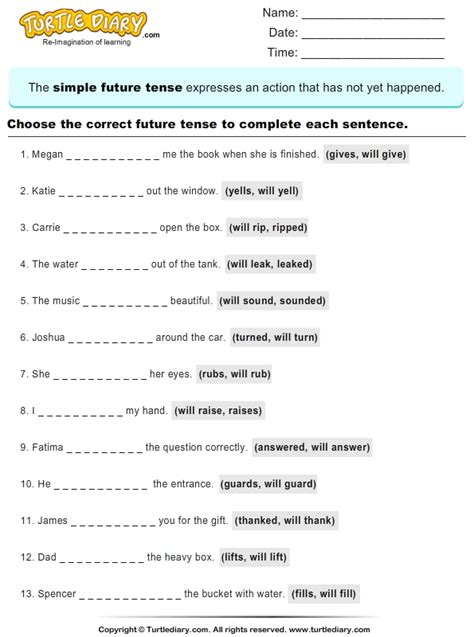 Writing Future Tense Of Verb Worksheet Turtle Diary