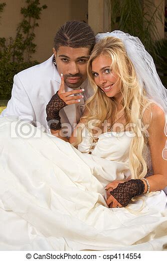 Interracial Couple Outdoors Smiling Laughing Newlywed Young Caucasian
