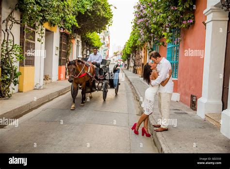 Couple Posing In The Street Old Walled In City Cartagena Colombia