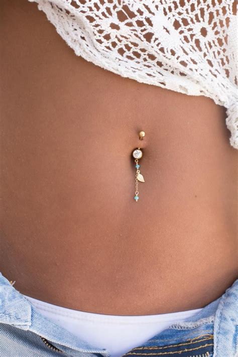 Handmade Belly Button Ring With A Leaf Charm And Two Light Blue