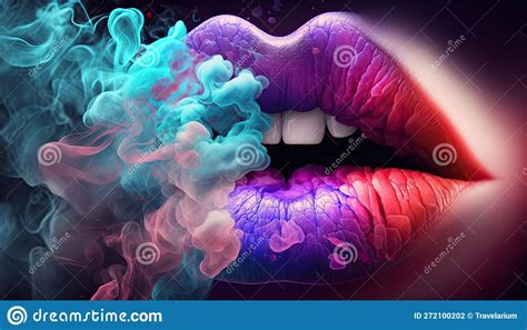 Female Lips Close Up Wearing Colorful Lipstick In Multi Colored Smoke Beautiful Woman Lips