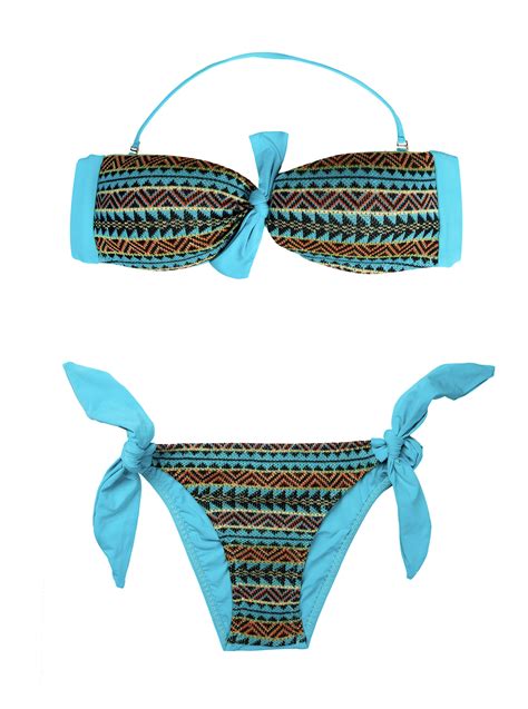 Cecilia Prado Blue Bandeau Bikini With Geometric Knit Pattern Marcia