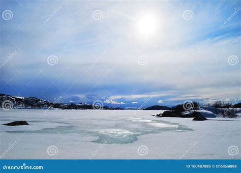 Frosty Winter Nature Landscape With Frozen Lake In Russia In Snowy