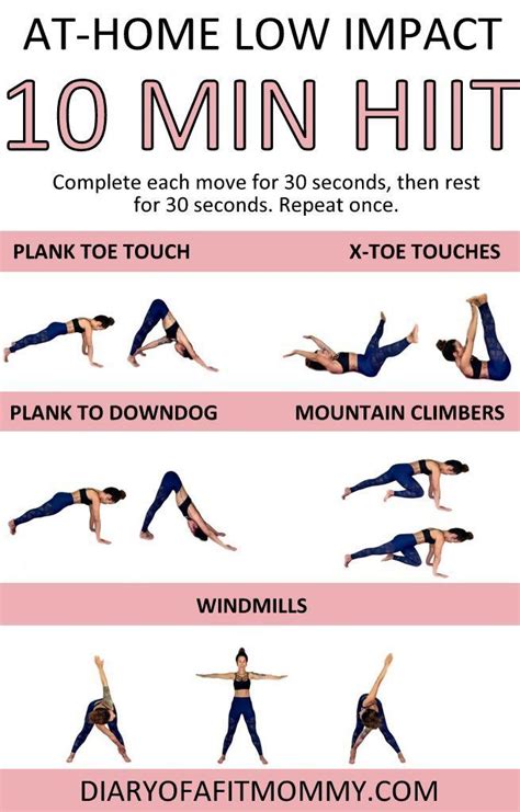 You should do each exercise for 45 seconds with 15 seconds rest between the exercises. 10 Minute Low Impact Home HIIT Workout | Hiit workout at ...