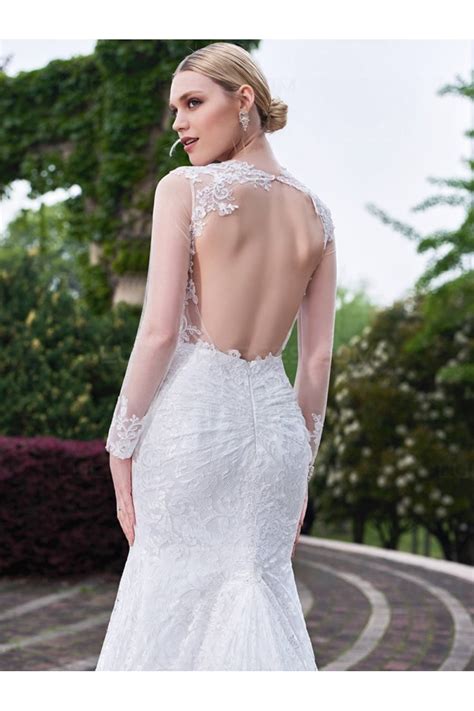 A bold open back, a plunging neckline and a dramatic train. Long Sleeves Lace Open Back Mermaid Wedding Dresses Bridal ...