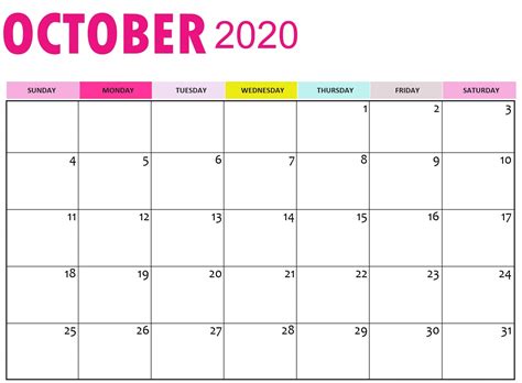 Free October 2020 Calendar Printable Template Pdf Word Excel