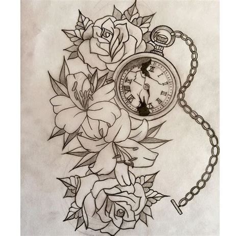 Roses Lilies And Pocket Watch Sketch Lily Tattoo Tattoo Sketches