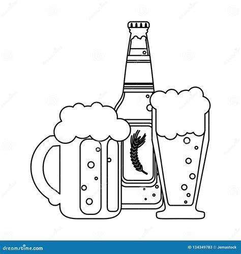 Garrafa E Copos De Cerveja Em Preto E Branco Ilustração do Vetor