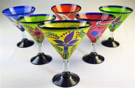 Mexican Glass Margarita Martini Hand Blown Hand Painted Flowers