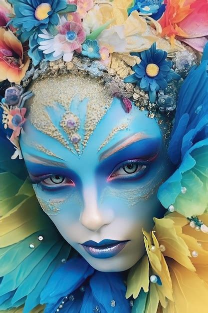 Premium Photo A Woman With Blue Face Paint And Flowers On Her Face