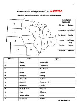 Midwest States And Capitals Map Test Versions A B By Fifth Grade