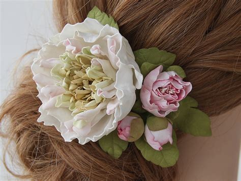 Flower Hair Comb Light Pink Peonies Hair Comb Floral Hair Etsy