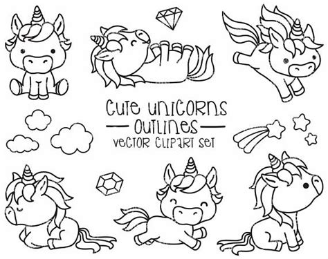 Premium Vector Clipart Kawaii Unicorns Outlines Cute Unicorns