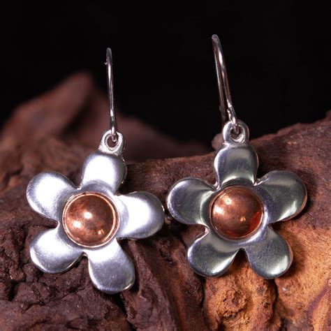 Copper Centre Flower Earrings Set In Pewter From Eyres Jewellery