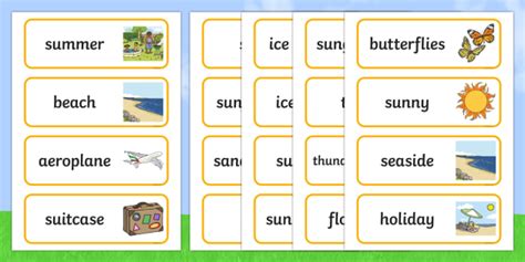 Summer Words Challenge Cards Vocabulary And Pictures