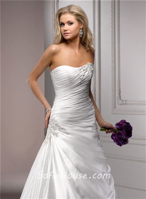 fitted a line strapless corset back ruched organza wedding dress with applique