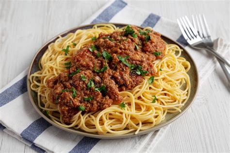 Homemade Vegetarian Meat Sauce And Spaghetti Pasta On A Plate Side