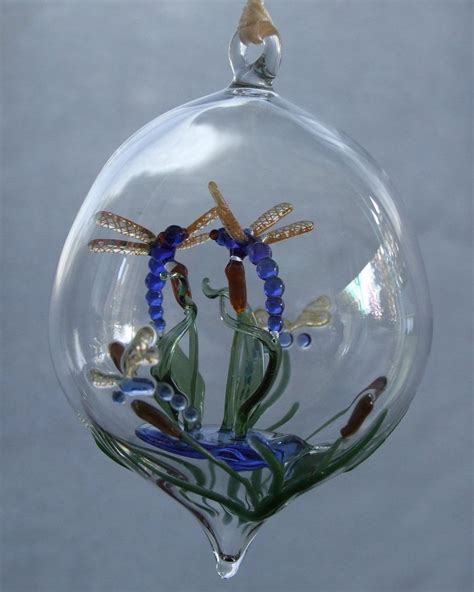 Hand Crafted Dragonflies On Cattails Hand Blown Glass Ornament By