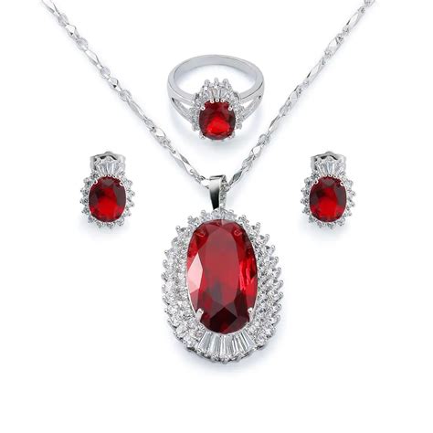 Flaming Ruby Pendant Necklace Stud Earring And Finger Ring Set Womens