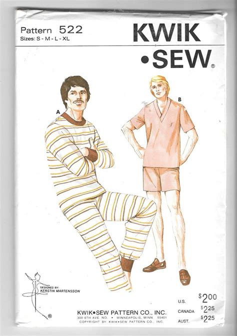 Kwik Sew 522 Mens Pajamas Long Johns Vintage 1970s Sewing Patterns