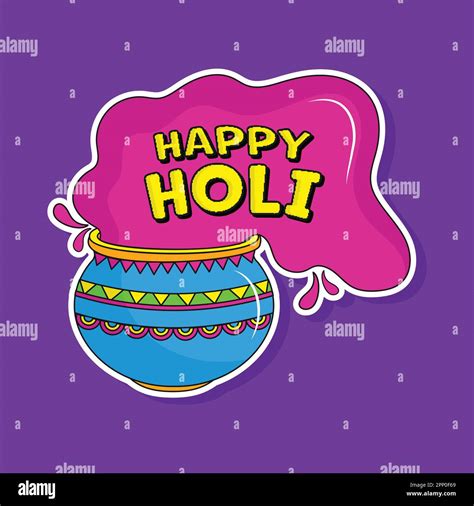 Happy Holi Font With Clay Pot Full Of Color In Sticker Style On Purple