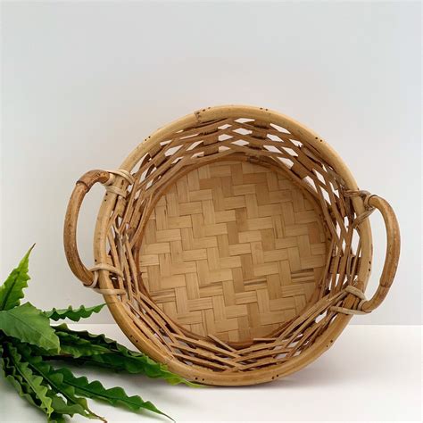 Vintage Bamboo Basket Woven Rattan Shallow Basket With Etsy Bamboo