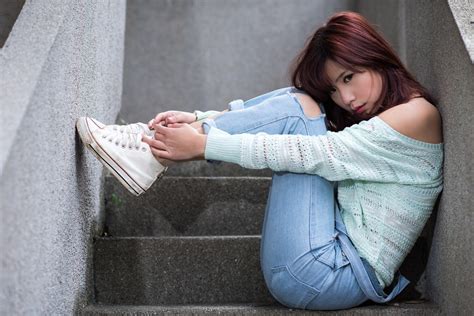 wallpaper asian women stairs sitting torn jeans 2048x1367 nick 1408391 hd wallpapers
