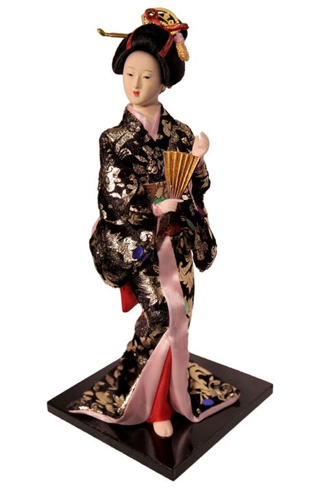 Asian Doll With Dancing Japanese Geisha With Fan In Black Kimono 12h Oriental Furniture