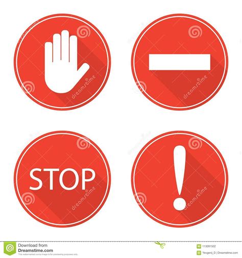 Red Stop Signs. Hand, Rectangle, Word Stop And Exclamation Mark. Stop Symbols In Circles 
