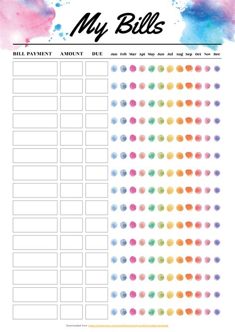 Blank Bill Calendar Printable Colorful Calendar