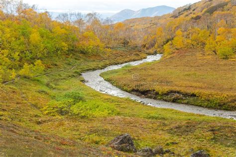 River In Mountains Beautiful Autumn Landscape In Kamchatka Near