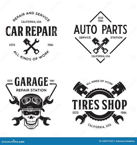 Set Of Vintage Monochrome Car Repair Service Templates Of Emblems