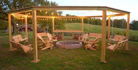 A stylish addition to any backyard space with customizable rock & stucco bases. DIY Backyard Fire Pit with Swing Seats