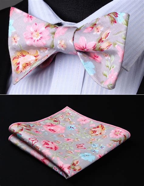 Bmf As Pink Gray Floral Bowtie Men Cotton Self Bow Tie Handkerchief
