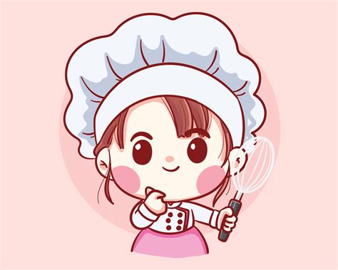 Cute Bakery Chef Girl Holding Whisk Cartoon Vector Art Illustration