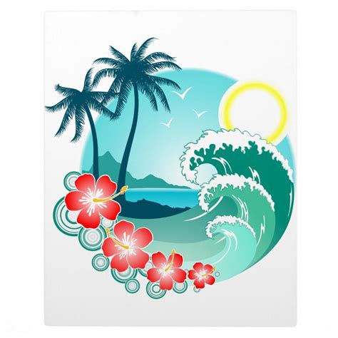 An Ocean Scene With Palm Trees Flowers And The Sun In The Sky Above It