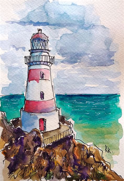 Lighthouse Painting Original Watercolor Seascape Artwork Etsy