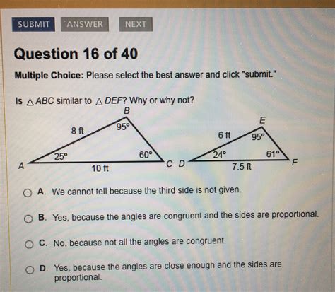 [Solved] Similar triangles multiple choice. Is ABC similar to DEF? Why or why not? | Course Hero