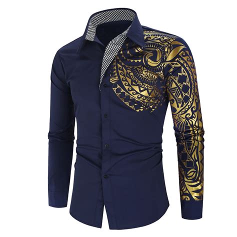 Luxury Gold Black Shirt Men New Slim Fit Long Sleeve Gold Black Social