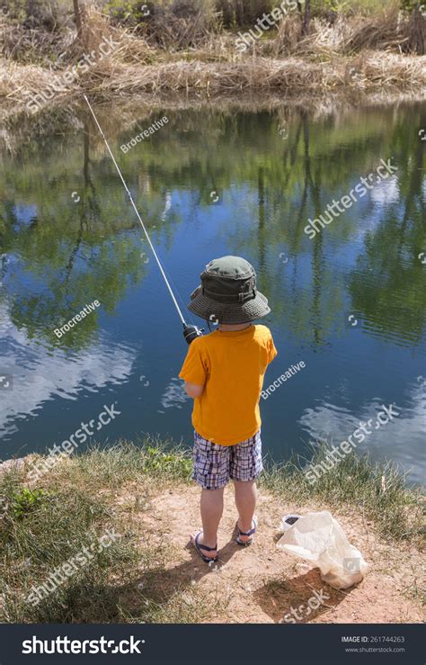 Little Boy Fishing Pond View Behind Stock Photo 261744263 Shutterstock