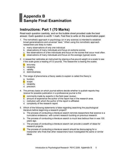 Appendix B Sample Final Exam Introduction To Psychological Research