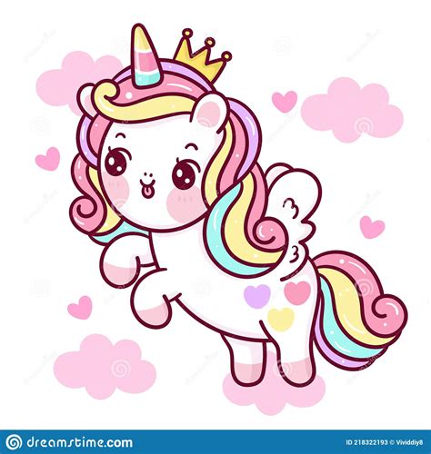Flat Unicorn Fairy Cartoon Princess Pegasus Pony Child Vector On Cloud
