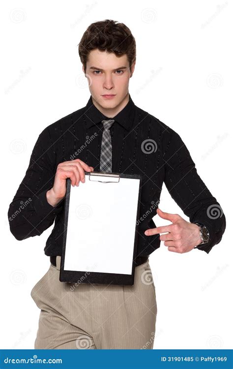 Severe Businessman Holding Blank Clipboard Stock Image Image Of